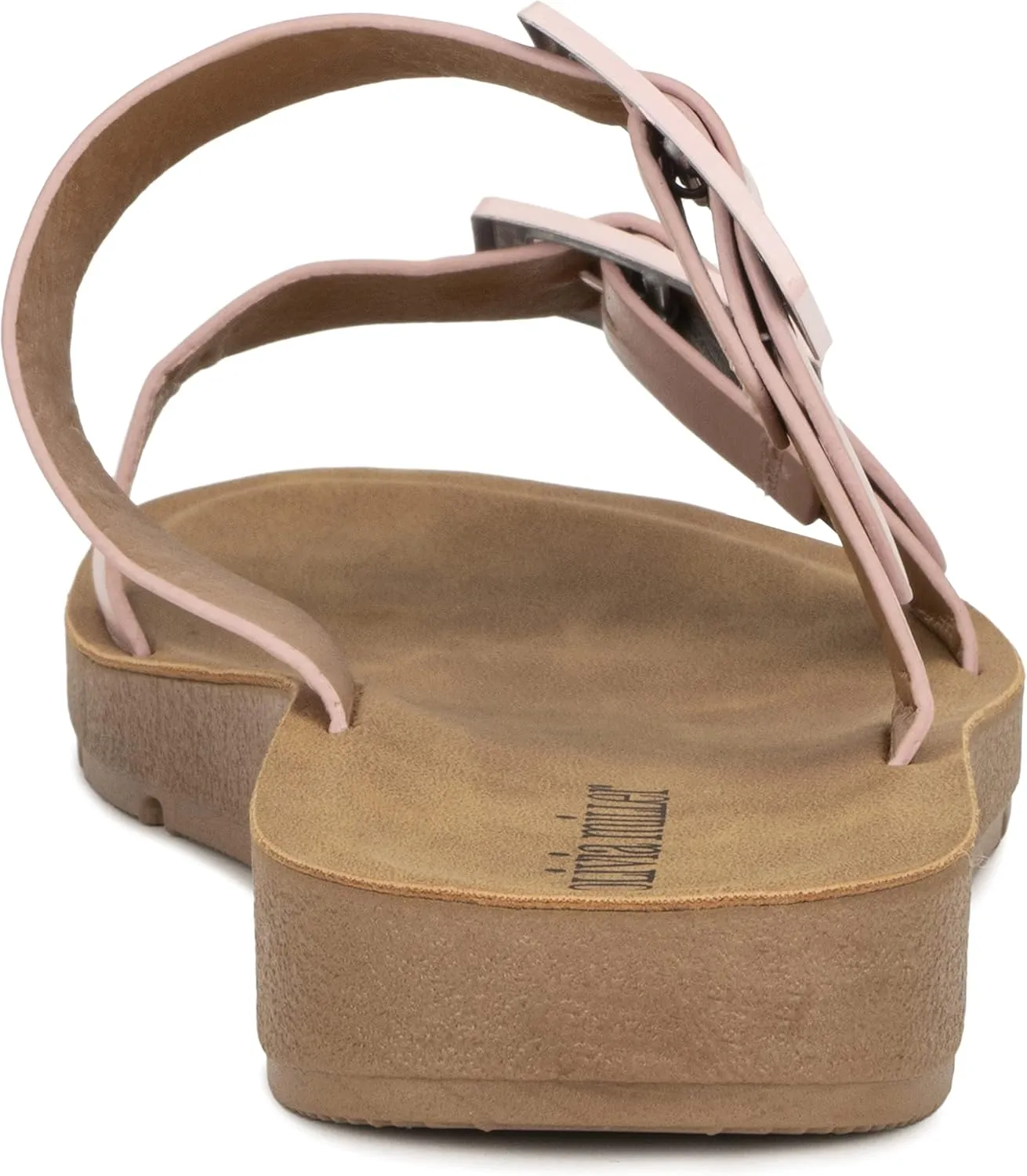 Olivia Miller Womens Fashion Ladies Shoes, Molly PU Vegan Leather Double Buckle Strap Dual Band Slip On Open Toe Trendy Casual Summer Slide Flat Sandals