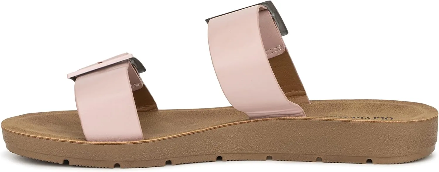 Olivia Miller Womens Fashion Ladies Shoes, Molly PU Vegan Leather Double Buckle Strap Dual Band Slip On Open Toe Trendy Casual Summer Slide Flat Sandals