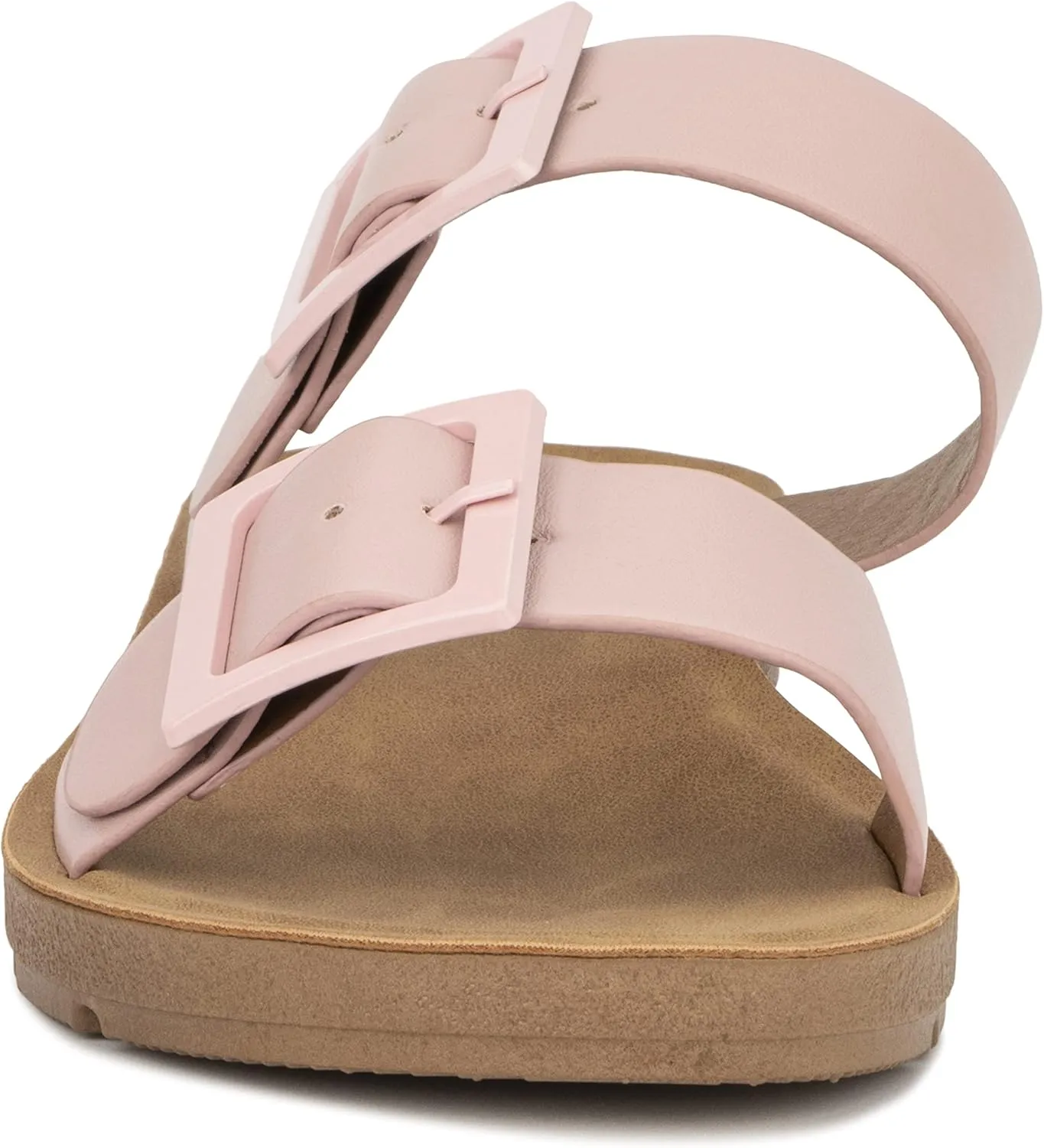 Olivia Miller Womens Fashion Ladies Shoes, Molly PU Vegan Leather Double Buckle Strap Dual Band Slip On Open Toe Trendy Casual Summer Slide Flat Sandals