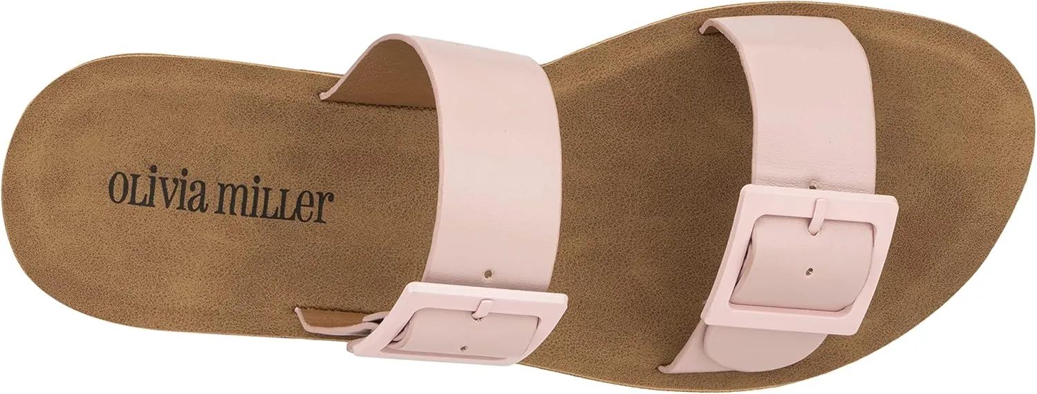 Olivia Miller Womens Fashion Ladies Shoes, Molly PU Vegan Leather Double Buckle Strap Dual Band Slip On Open Toe Trendy Casual Summer Slide Flat Sandals