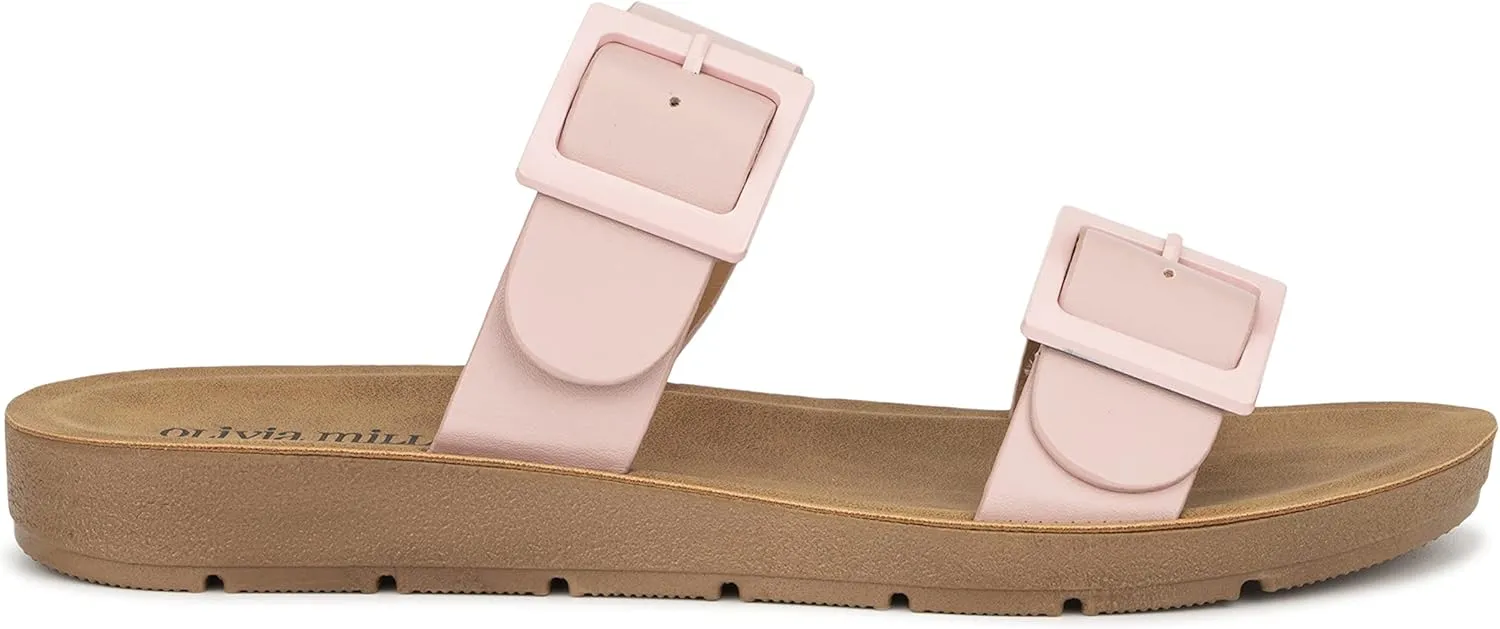 Olivia Miller Womens Fashion Ladies Shoes, Molly PU Vegan Leather Double Buckle Strap Dual Band Slip On Open Toe Trendy Casual Summer Slide Flat Sandals