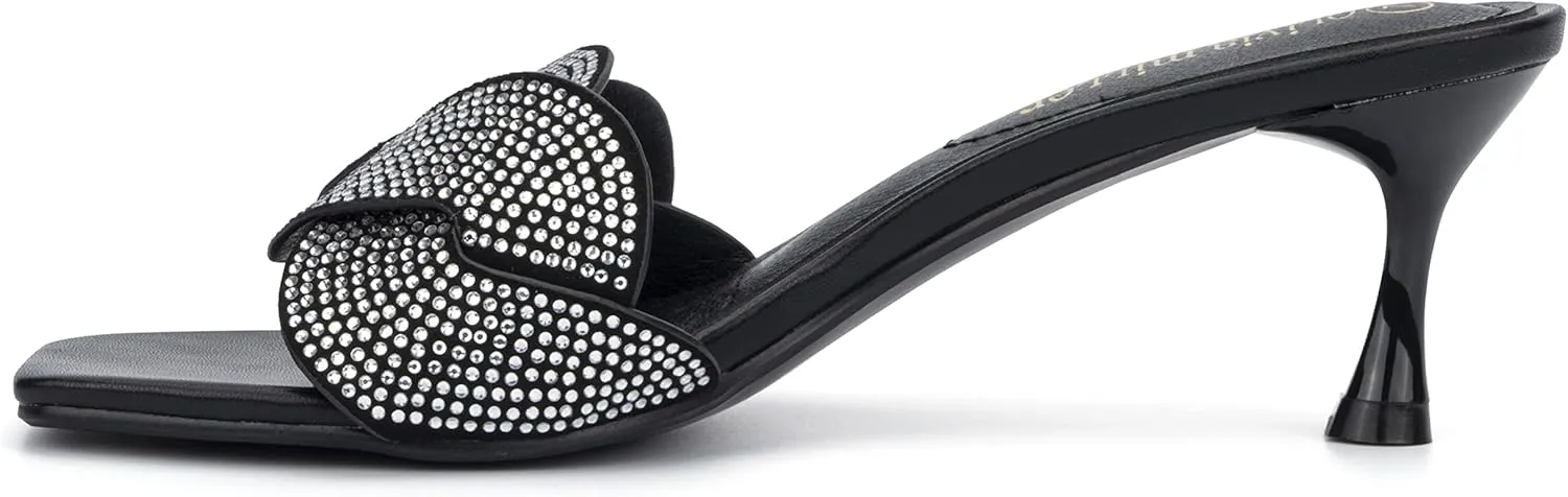 Olivia Miller Womens Fashion LadiesShoes, Alaina PU Vegan Leather Rhinestones Trendy Single Open Toe Strap, Slide On 1.5 Inch Low Mid Kitten Heel Sandals