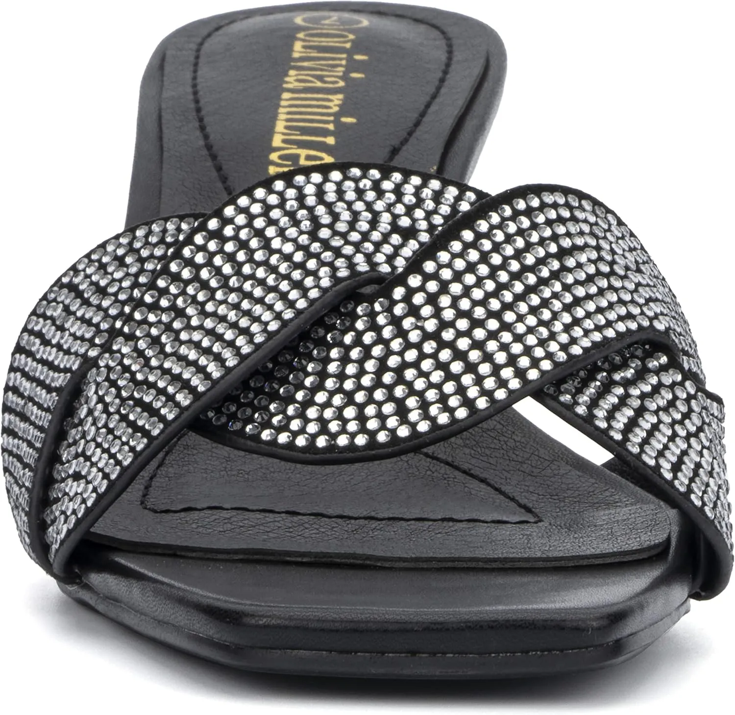 Olivia Miller Womens Fashion LadiesShoes, Alaina PU Vegan Leather Rhinestones Trendy Single Open Toe Strap, Slide On 1.5 Inch Low Mid Kitten Heel Sandals