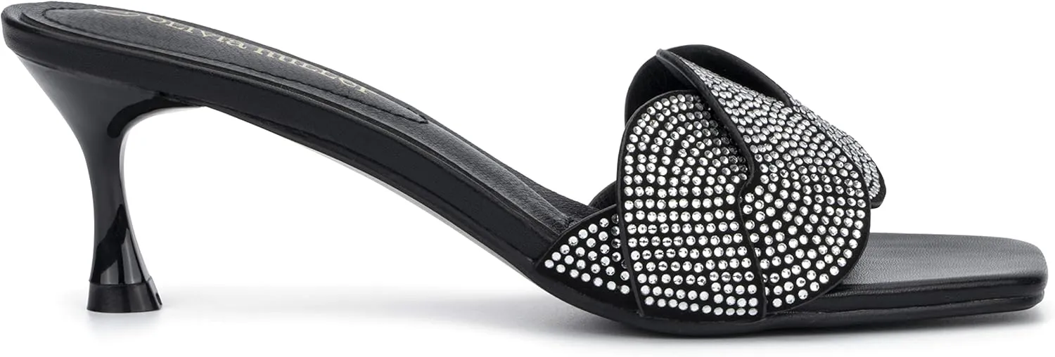 Olivia Miller Womens Fashion LadiesShoes, Alaina PU Vegan Leather Rhinestones Trendy Single Open Toe Strap, Slide On 1.5 Inch Low Mid Kitten Heel Sandals