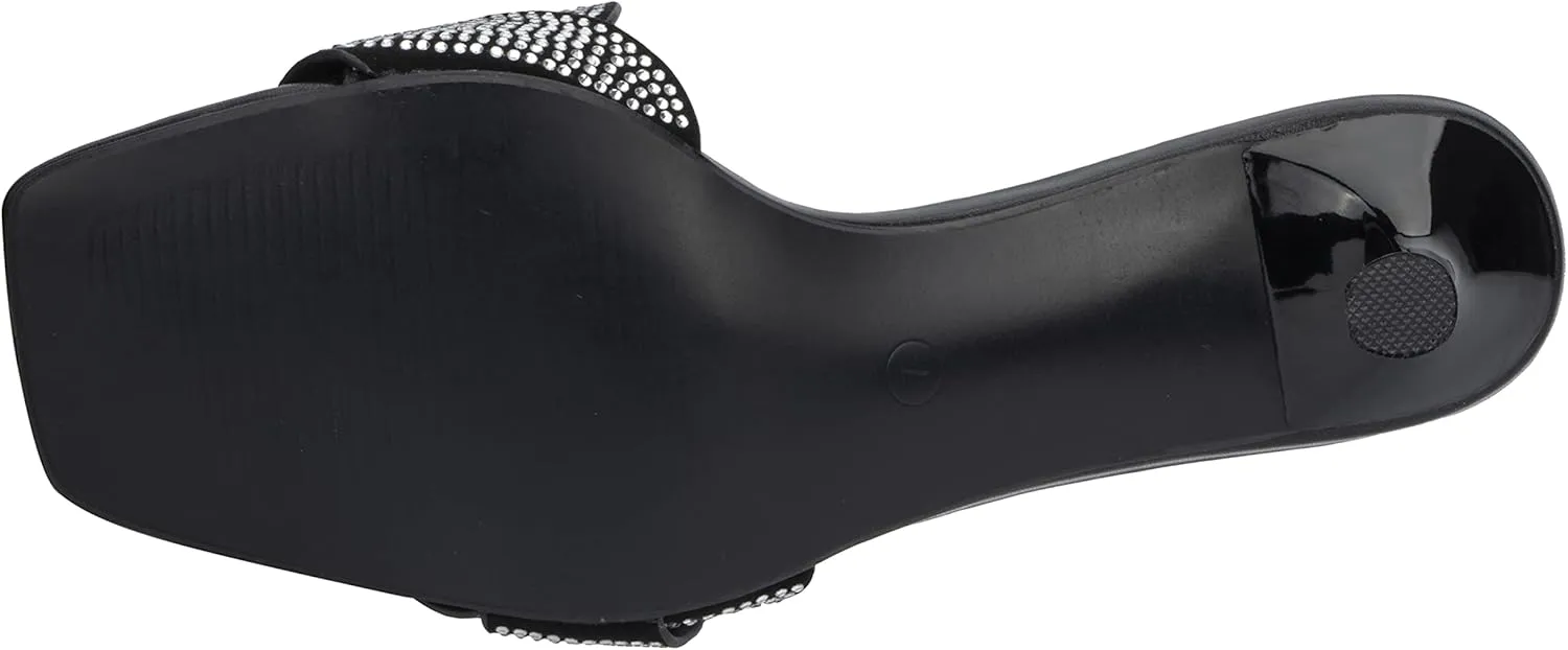 Olivia Miller Womens Fashion LadiesShoes, Alaina PU Vegan Leather Rhinestones Trendy Single Open Toe Strap, Slide On 1.5 Inch Low Mid Kitten Heel Sandals