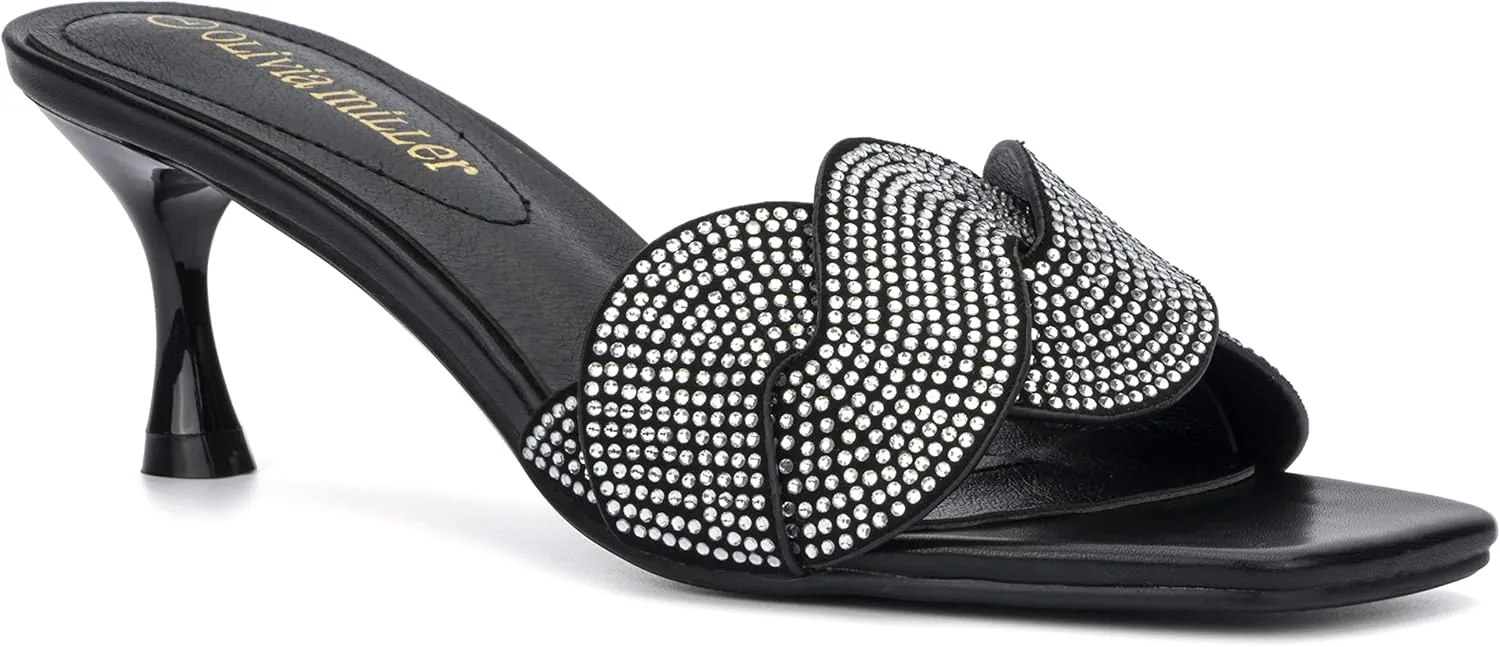 Olivia Miller Womens Fashion LadiesShoes, Alaina PU Vegan Leather Rhinestones Trendy Single Open Toe Strap, Slide On 1.5 Inch Low Mid Kitten Heel Sandals