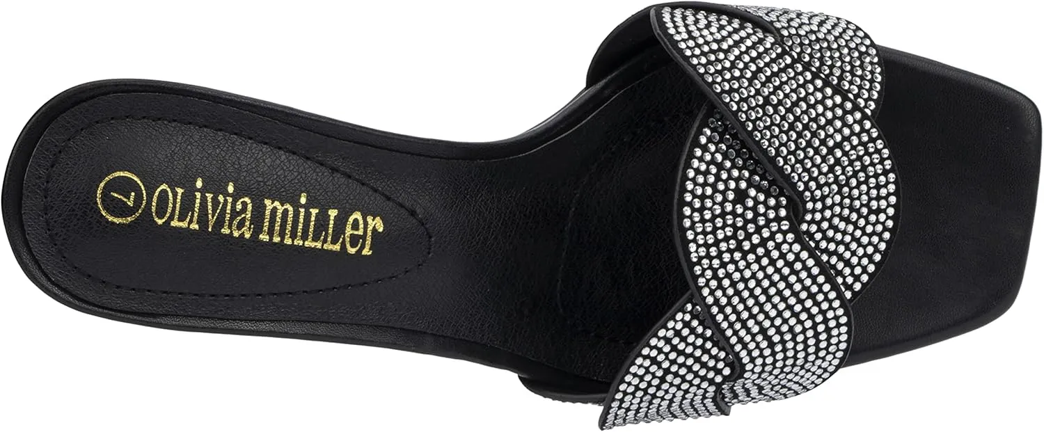 Olivia Miller Womens Fashion LadiesShoes, Alaina PU Vegan Leather Rhinestones Trendy Single Open Toe Strap, Slide On 1.5 Inch Low Mid Kitten Heel Sandals