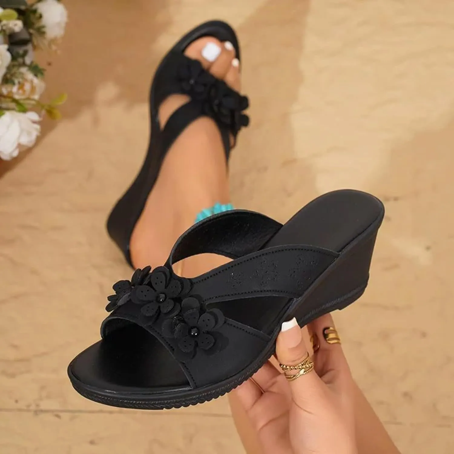 Orthopedic Wedge Sandals for Women 2025 Solid Color Open Toe Fashionable Casual Summer Flower Slippers Breathable Comfortable Hollow Beach Walking Wedges Heel Sandals