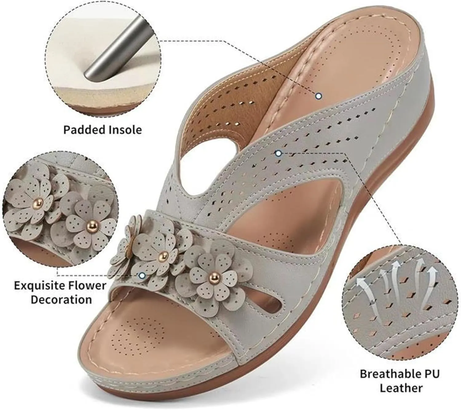 Platform Sandals Women Dressy Wedge Arch Support Open Toe Summer Shoes Hollow Out Flowers Orthopedic Slides Memory Foam Slip on Dressy Comfortable Sandals