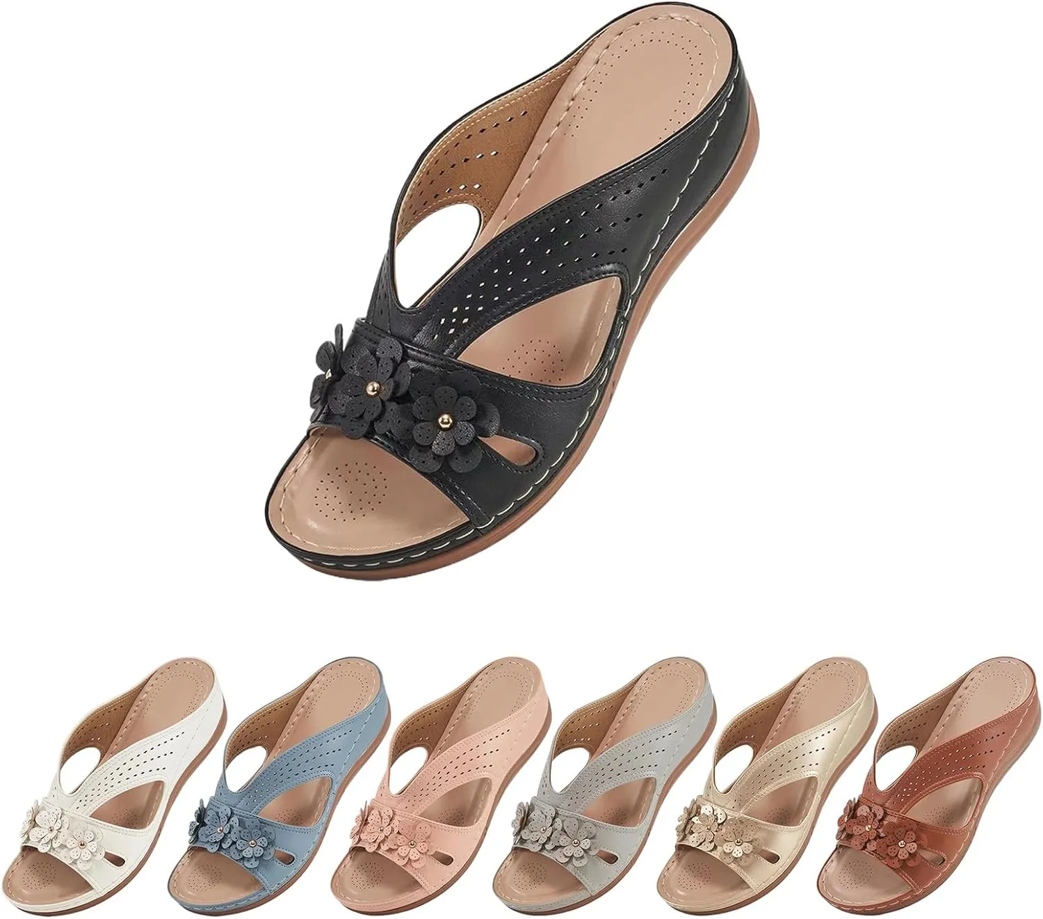 Platform Sandals Women Dressy Wedge Arch Support Open Toe Summer Shoes Hollow Out Flowers Orthopedic Slides Memory Foam Slip on Dressy Comfortable Sandals