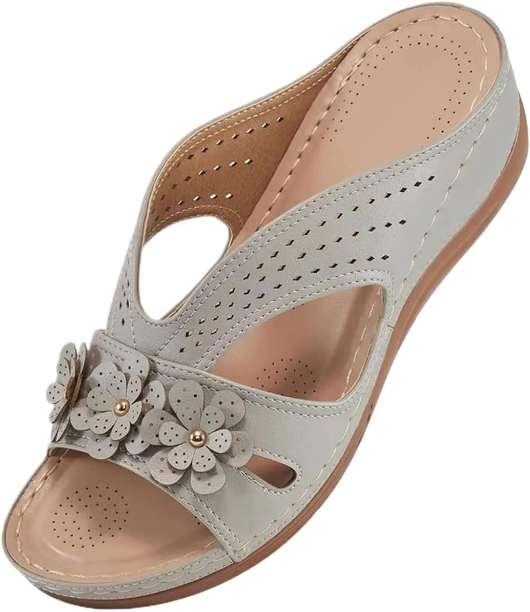 Platform Sandals Women Dressy Wedge Arch Support Open Toe Summer Shoes Hollow Out Flowers Orthopedic Slides Memory Foam Slip on Dressy Comfortable Sandals