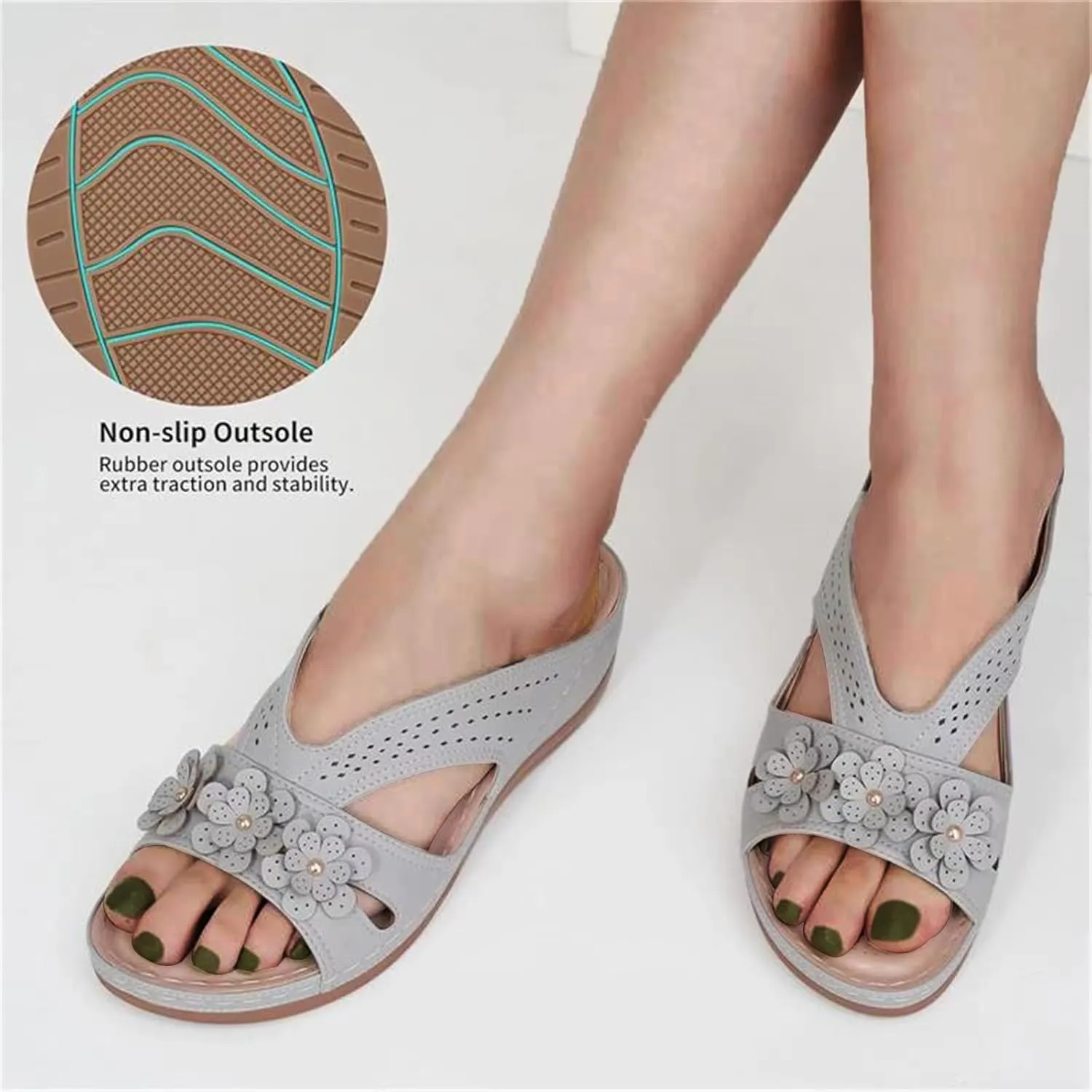 Platform Sandals Women Dressy Wedge Arch Support Open Toe Summer Shoes Hollow Out Flowers Orthopedic Slides Memory Foam Slip on Dressy Comfortable Sandals