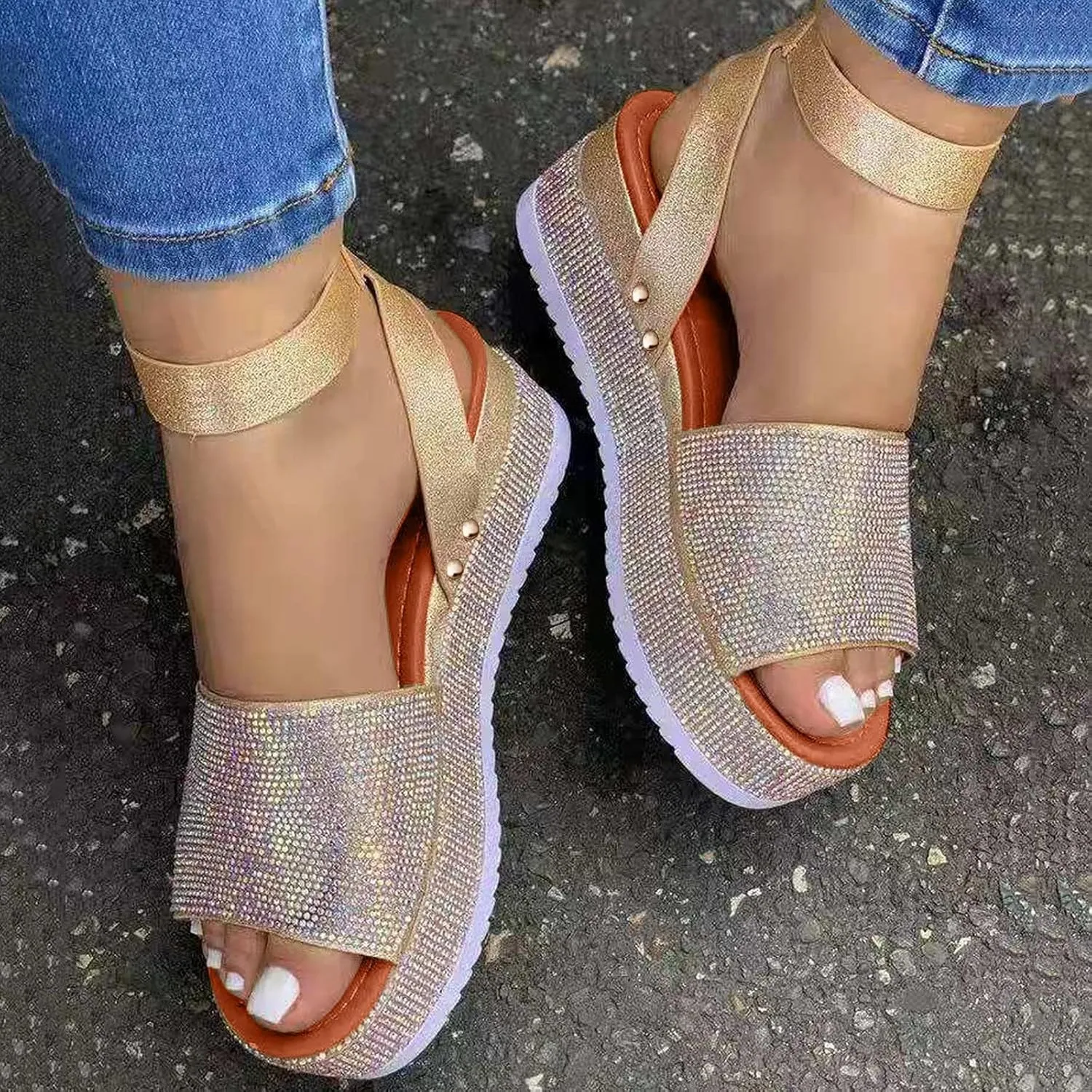 Sandals for Women Fashion Trendy Rhinestone Glitter Flatform Sandal 2025 Womens Ankle Strap Platform Shoes Shiny Rhinestone Boho Crystal Wedges Open Toe Dress Sandals Comfortable Platform Shoes 2025