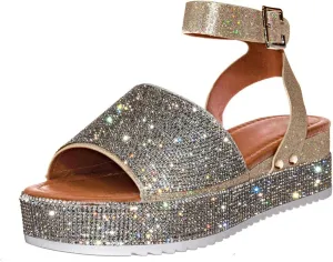 Sandals for Women Fashion Trendy Rhinestone Glitter Flatform Sandal 2025 Womens Ankle Strap Platform Shoes Shiny Rhinestone Boho Crystal Wedges Open Toe Dress Sandals Comfortable Platform Shoes 2025