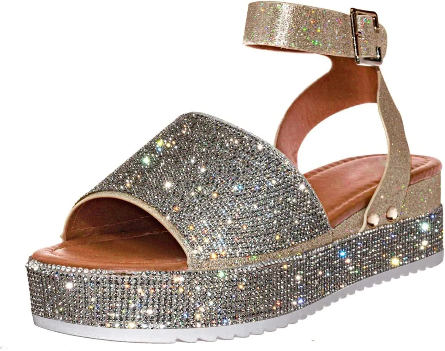 Sandals for Women Fashion Trendy Rhinestone Glitter Flatform Sandal 2025 Womens Ankle Strap Platform Shoes Shiny Rhinestone Boho Crystal Wedges Open Toe Dress Sandals Comfortable Platform Shoes 2025