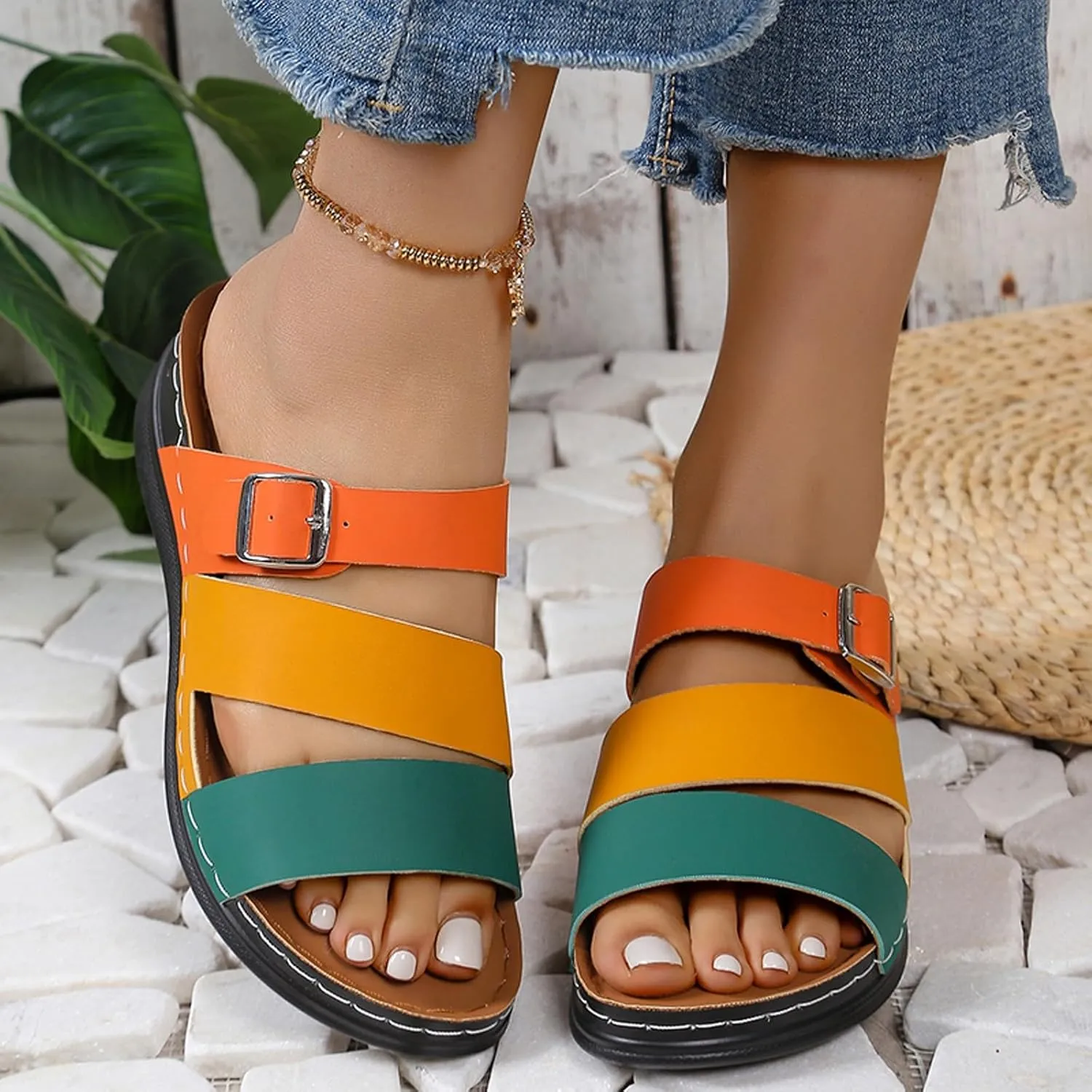 Sandals for Women Slip on Buckle Wedge Sandals Two Strap Casual Summer Slide Slippers Beach Walking Shoes2