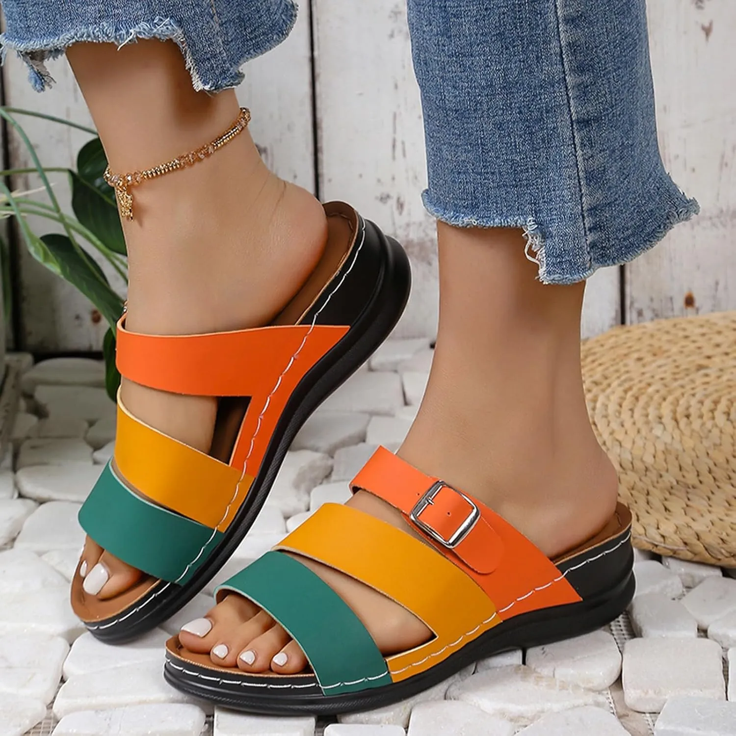 Sandals for Women Slip on Buckle Wedge Sandals Two Strap Casual Summer Slide Slippers Beach Walking Shoes2