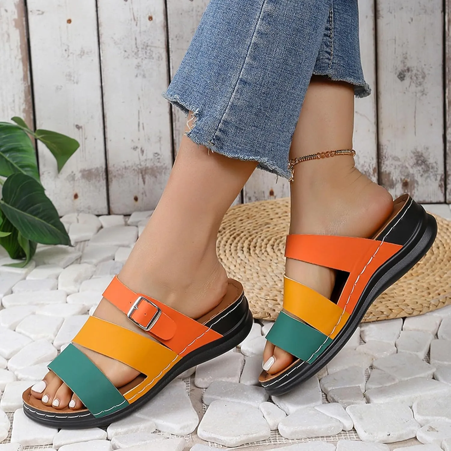 Sandals for Women Slip on Buckle Wedge Sandals Two Strap Casual Summer Slide Slippers Beach Walking Shoes2