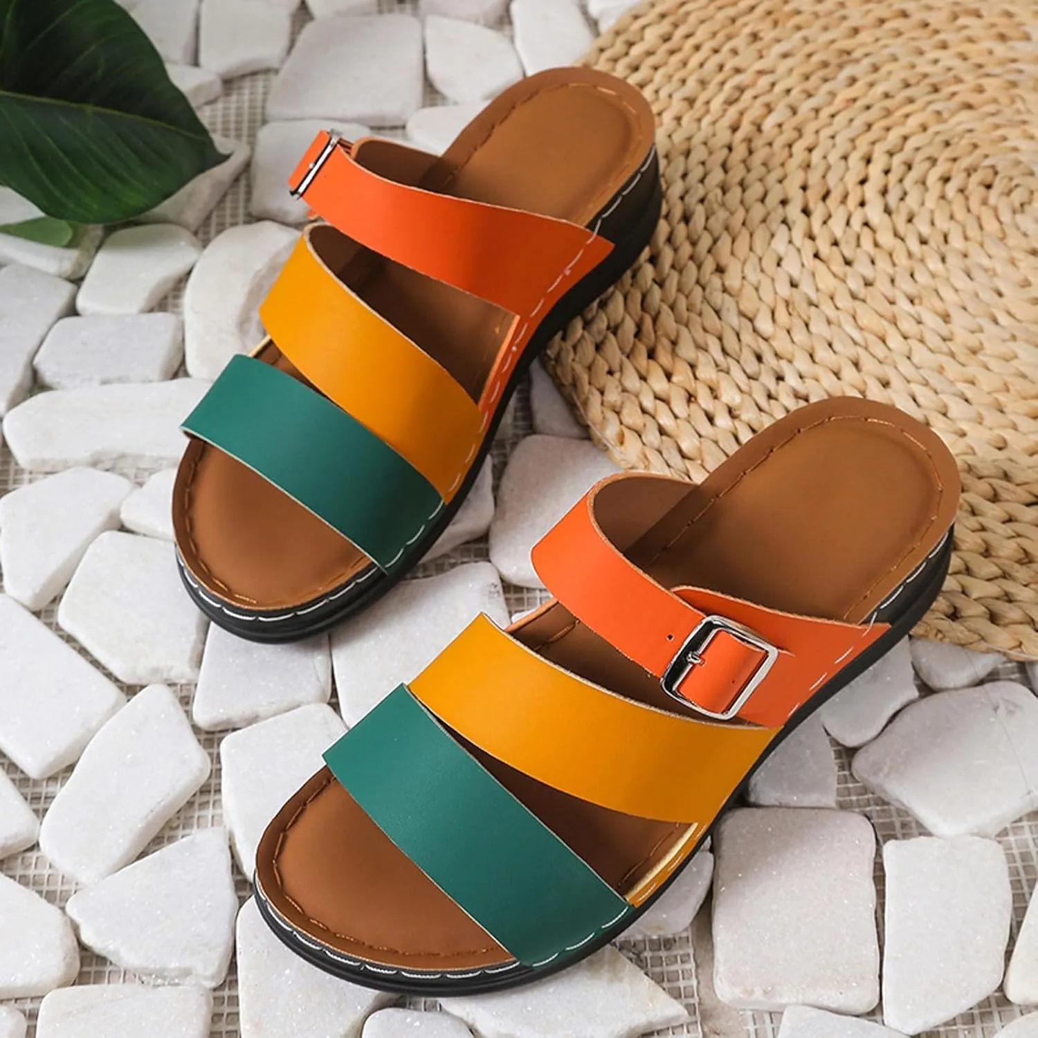 Sandals for Women Slip on Buckle Wedge Sandals Two Strap Casual Summer Slide Slippers Beach Walking Shoes2