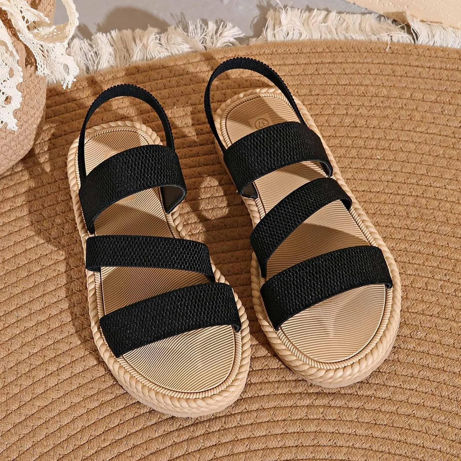Sandals Women Cross Strap Flat Sandals Open Toe Orthotic Sandal Elastic Ankle Strap Shoes Comfy Low Wedge Sandal