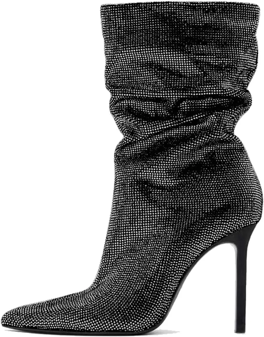 SHODENSE Sexy Rhinestone Boots Women Pleated Mid Calf Boots Stiletto High Heel Pointed Toe Glitter Ankle Boots Pull On Slouchy Sparkly Short Boots Slouch Booties Girls Party Wedding Fall 4-10 M US