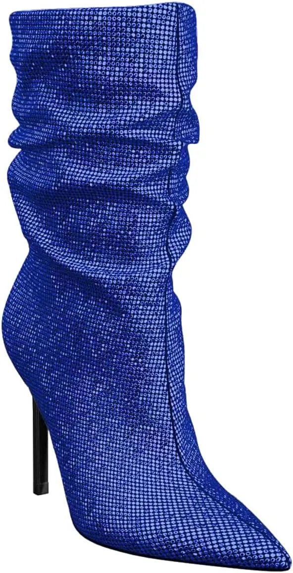 SHODENSE Sexy Rhinestone Boots Women Pleated Mid Calf Boots Stiletto High Heel Pointed Toe Glitter Ankle Boots Pull On Slouchy Sparkly Short Boots Slouch Booties Girls Party Wedding Fall 4-10 M US