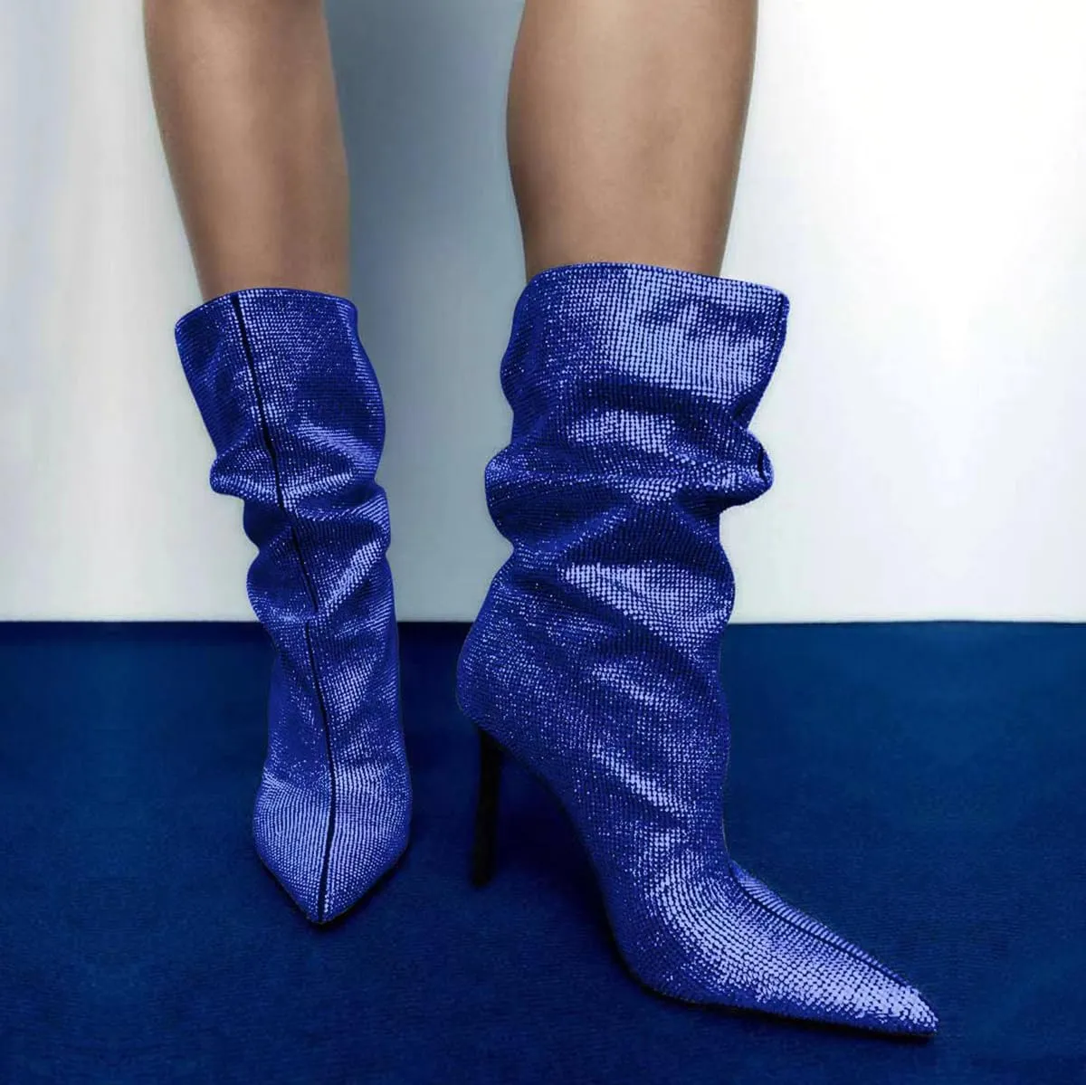 SHODENSE Sexy Rhinestone Boots Women Pleated Mid Calf Boots Stiletto High Heel Pointed Toe Glitter Ankle Boots Pull On Slouchy Sparkly Short Boots Slouch Booties Girls Party Wedding Fall 4-10 M US