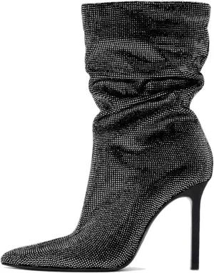 SHODENSE Sexy Rhinestone Boots Women Pleated Mid Calf Boots Stiletto High Heel Pointed Toe Glitter Ankle Boots Pull On Slouchy Sparkly Short Boots Slouch Booties Girls Party Wedding Fall 4-10 M US