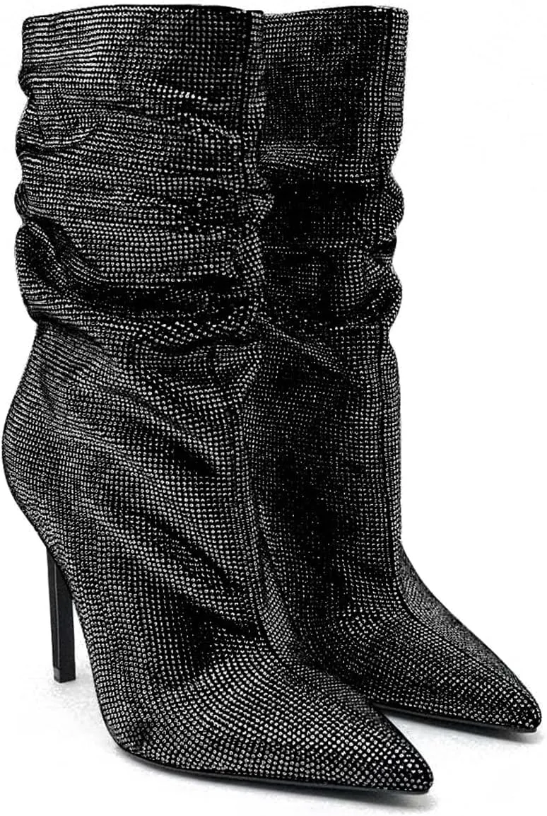 SHODENSE Sexy Rhinestone Boots Women Pleated Mid Calf Boots Stiletto High Heel Pointed Toe Glitter Ankle Boots Pull On Slouchy Sparkly Short Boots Slouch Booties Girls Party Wedding Fall 4-10 M US