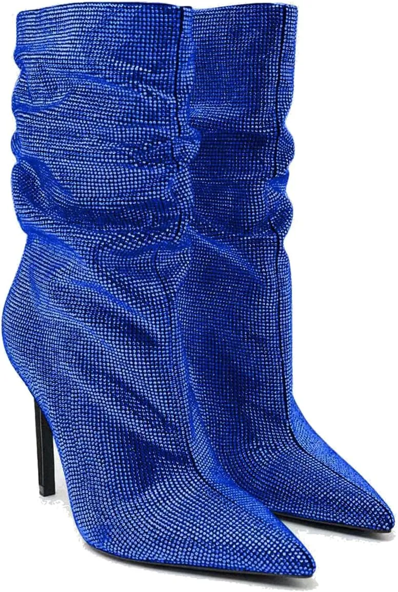 SHODENSE Sexy Rhinestone Boots Women Pleated Mid Calf Boots Stiletto High Heel Pointed Toe Glitter Ankle Boots Pull On Slouchy Sparkly Short Boots Slouch Booties Girls Party Wedding Fall 4-10 M US