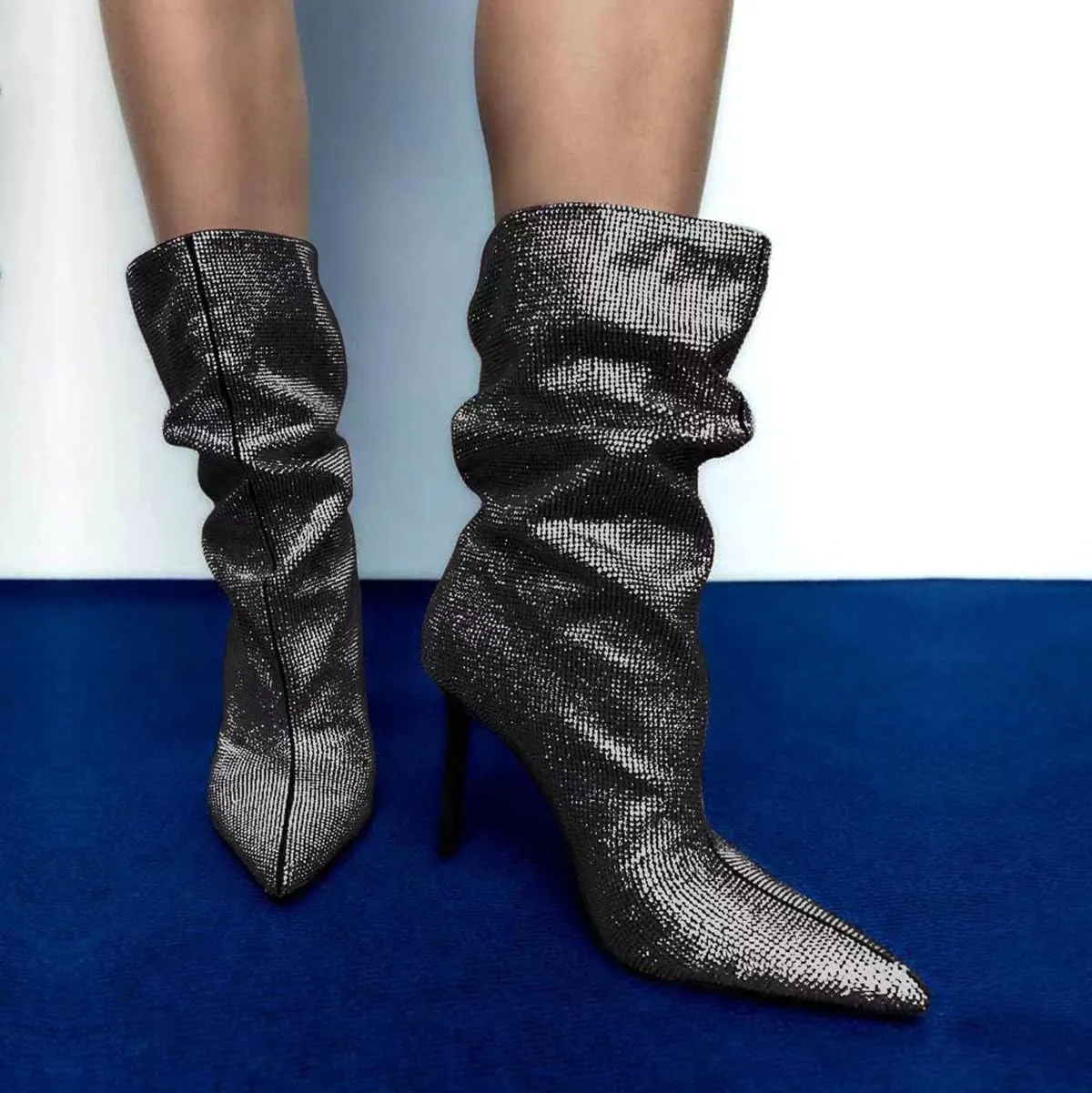 SHODENSE Sexy Rhinestone Boots Women Pleated Mid Calf Boots Stiletto High Heel Pointed Toe Glitter Ankle Boots Pull On Slouchy Sparkly Short Boots Slouch Booties Girls Party Wedding Fall 4-10 M US