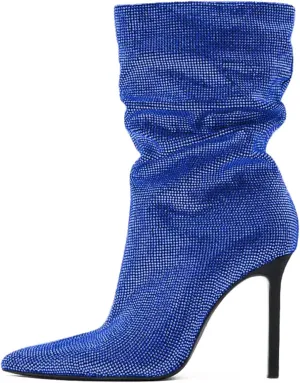 SHODENSE Sexy Rhinestone Boots Women Pleated Mid Calf Boots Stiletto High Heel Pointed Toe Glitter Ankle Boots Pull On Slouchy Sparkly Short Boots Slouch Booties Girls Party Wedding Fall 4-10 M US