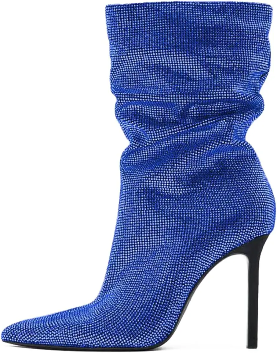SHODENSE Sexy Rhinestone Boots Women Pleated Mid Calf Boots Stiletto High Heel Pointed Toe Glitter Ankle Boots Pull On Slouchy Sparkly Short Boots Slouch Booties Girls Party Wedding Fall 4-10 M US