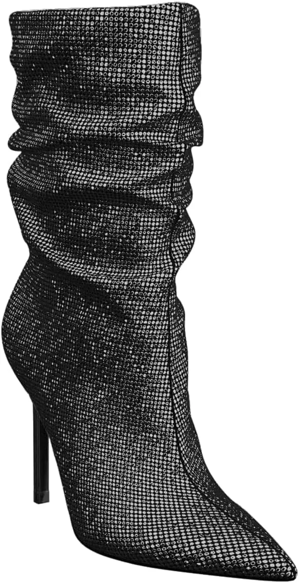 SHODENSE Sexy Rhinestone Boots Women Pleated Mid Calf Boots Stiletto High Heel Pointed Toe Glitter Ankle Boots Pull On Slouchy Sparkly Short Boots Slouch Booties Girls Party Wedding Fall 4-10 M US