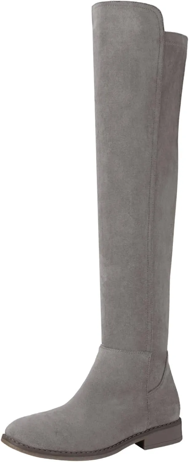 Shoe'N Tale Thigh High Over The Knee Boots for Women Flat Low Heel Fall Winter Stretch Suede Long Round Toe Boots