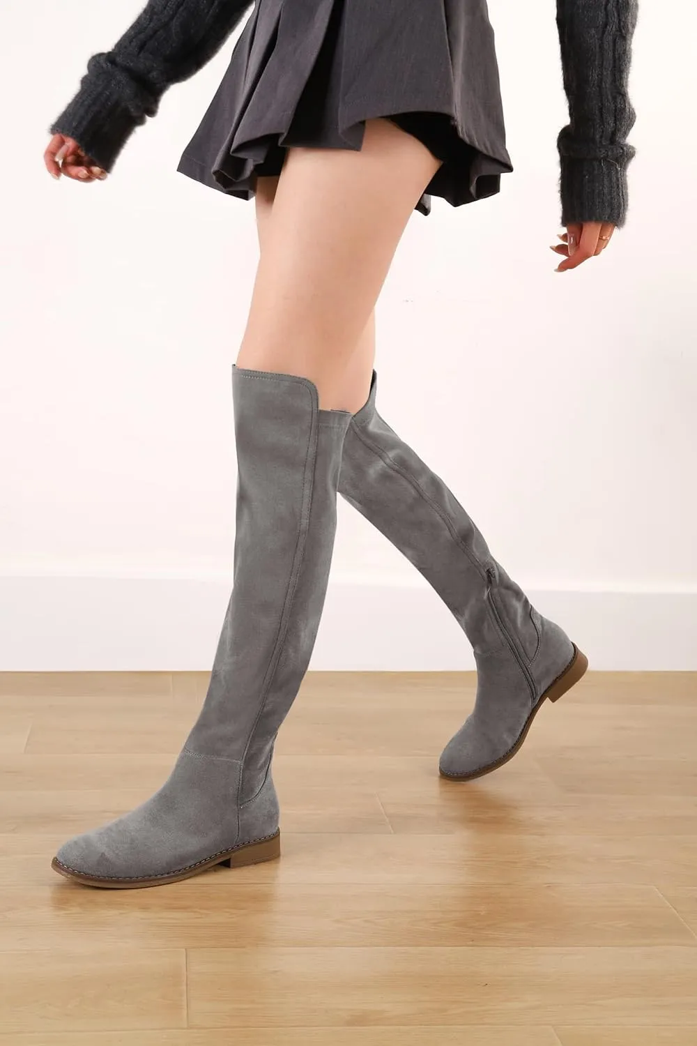 Shoe'N Tale Thigh High Over The Knee Boots for Women Flat Low Heel Fall Winter Stretch Suede Long Round Toe Boots