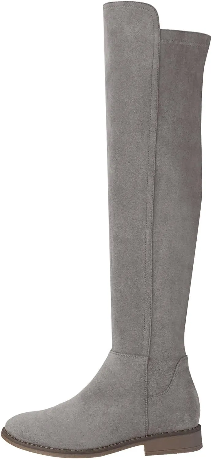 Shoe'N Tale Thigh High Over The Knee Boots for Women Flat Low Heel Fall Winter Stretch Suede Long Round Toe Boots