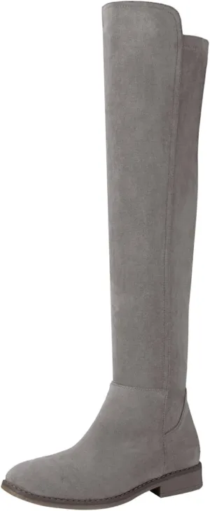 Shoe'N Tale Thigh High Over The Knee Boots for Women Flat Low Heel Fall Winter Stretch Suede Long Round Toe Boots