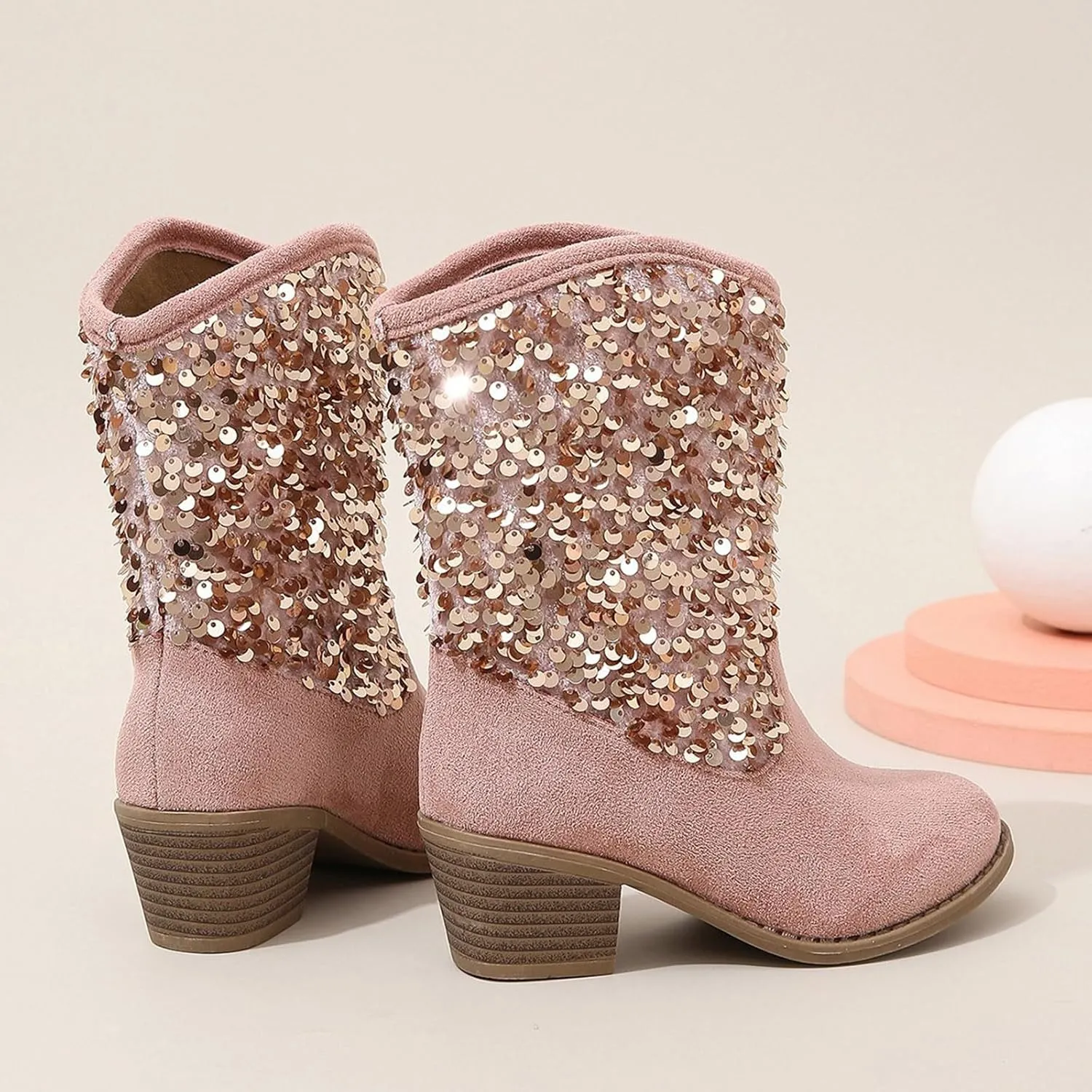 Sparkly Girls Boots Glitter Sequins Pointed Toes Low Heel Mid Calf Zipper Lightweight Comfy Dress Shoes for Girls