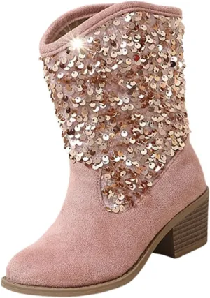 Sparkly Girls Boots Glitter Sequins Pointed Toes Low Heel Mid Calf Zipper Lightweight Comfy Dress Shoes for Girls