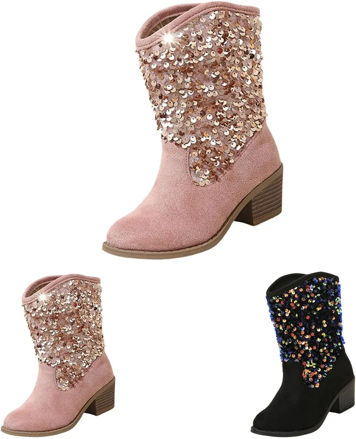 Sparkly Girls Boots Glitter Sequins Pointed Toes Low Heel Mid Calf Zipper Lightweight Comfy Dress Shoes for Girls