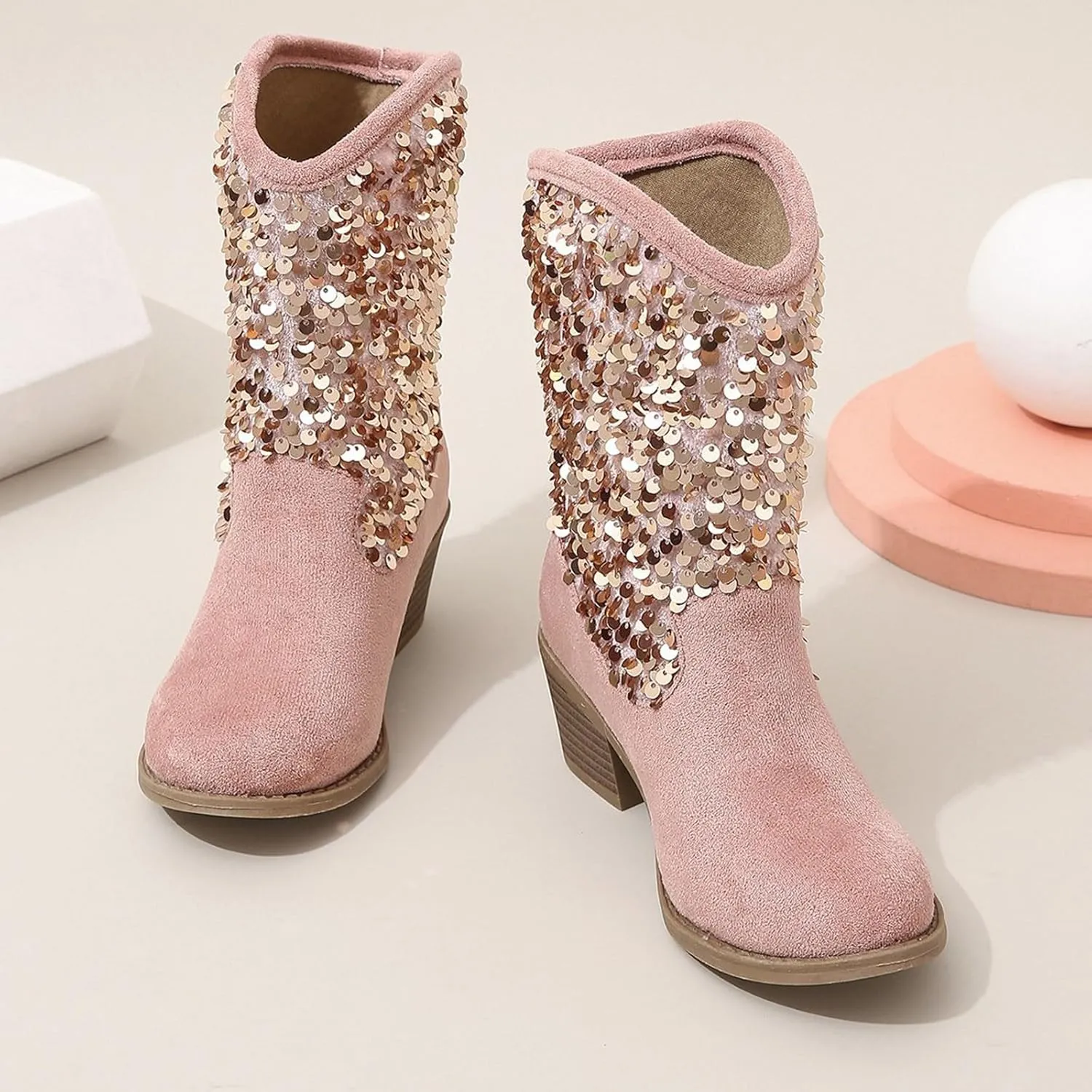 Sparkly Girls Boots Glitter Sequins Pointed Toes Low Heel Mid Calf Zipper Lightweight Comfy Dress Shoes for Girls