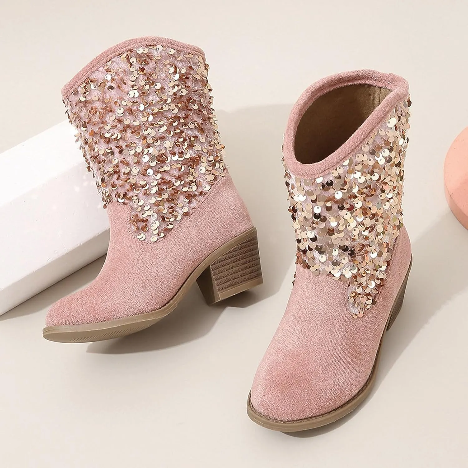Sparkly Girls Boots Glitter Sequins Pointed Toes Low Heel Mid Calf Zipper Lightweight Comfy Dress Shoes for Girls