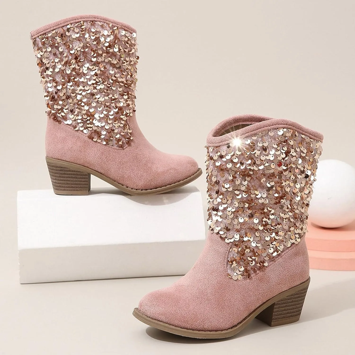 Sparkly Girls Boots Glitter Sequins Pointed Toes Low Heel Mid Calf Zipper Lightweight Comfy Dress Shoes for Girls