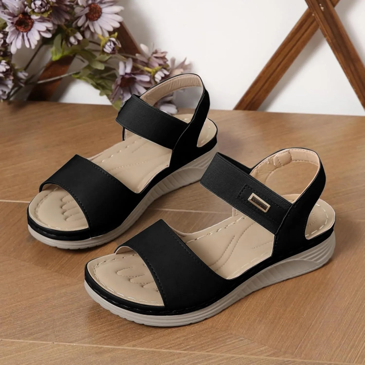 Summer 2025 Dressy Comfortable Walking Sandals with Arch Support Wedge Sandals Soft Beach Sandals for Women in Black, One Size Fits Most