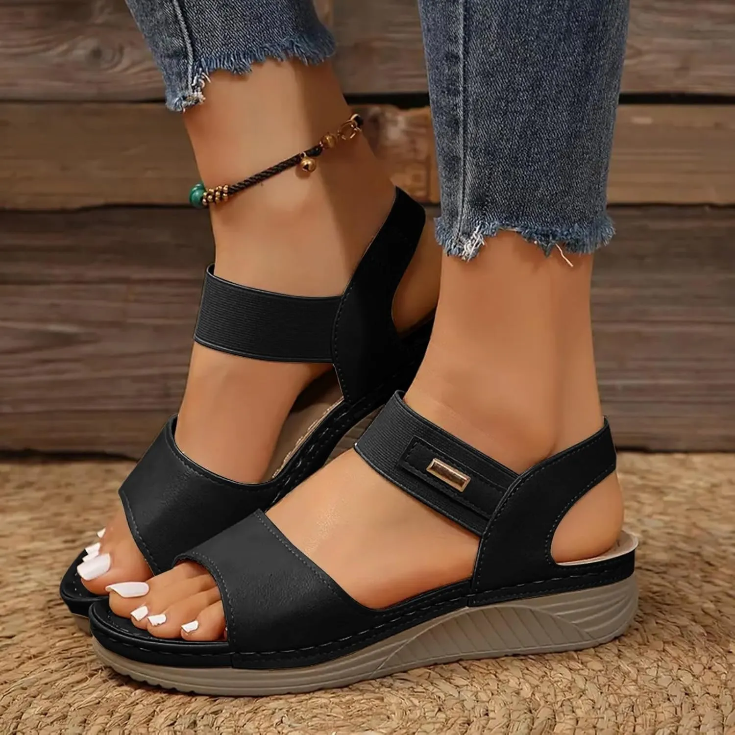 Summer 2025 Dressy Comfortable Walking Sandals with Arch Support Wedge Sandals Soft Beach Sandals for Women in Black, One Size Fits Most