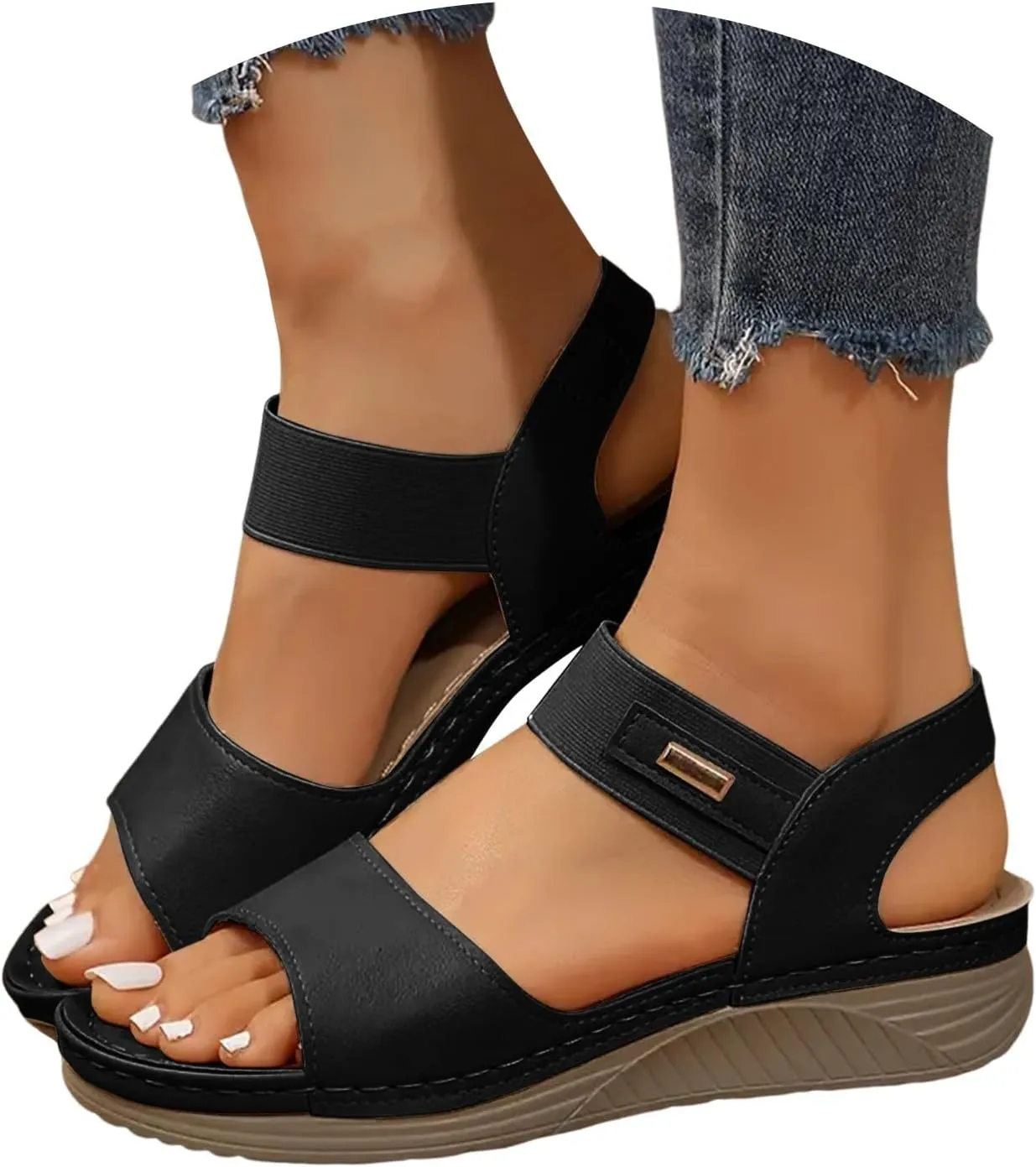 Summer 2025 Dressy Comfortable Walking Sandals with Arch Support Wedge Sandals Soft Beach Sandals for Women in Black, One Size Fits Most
