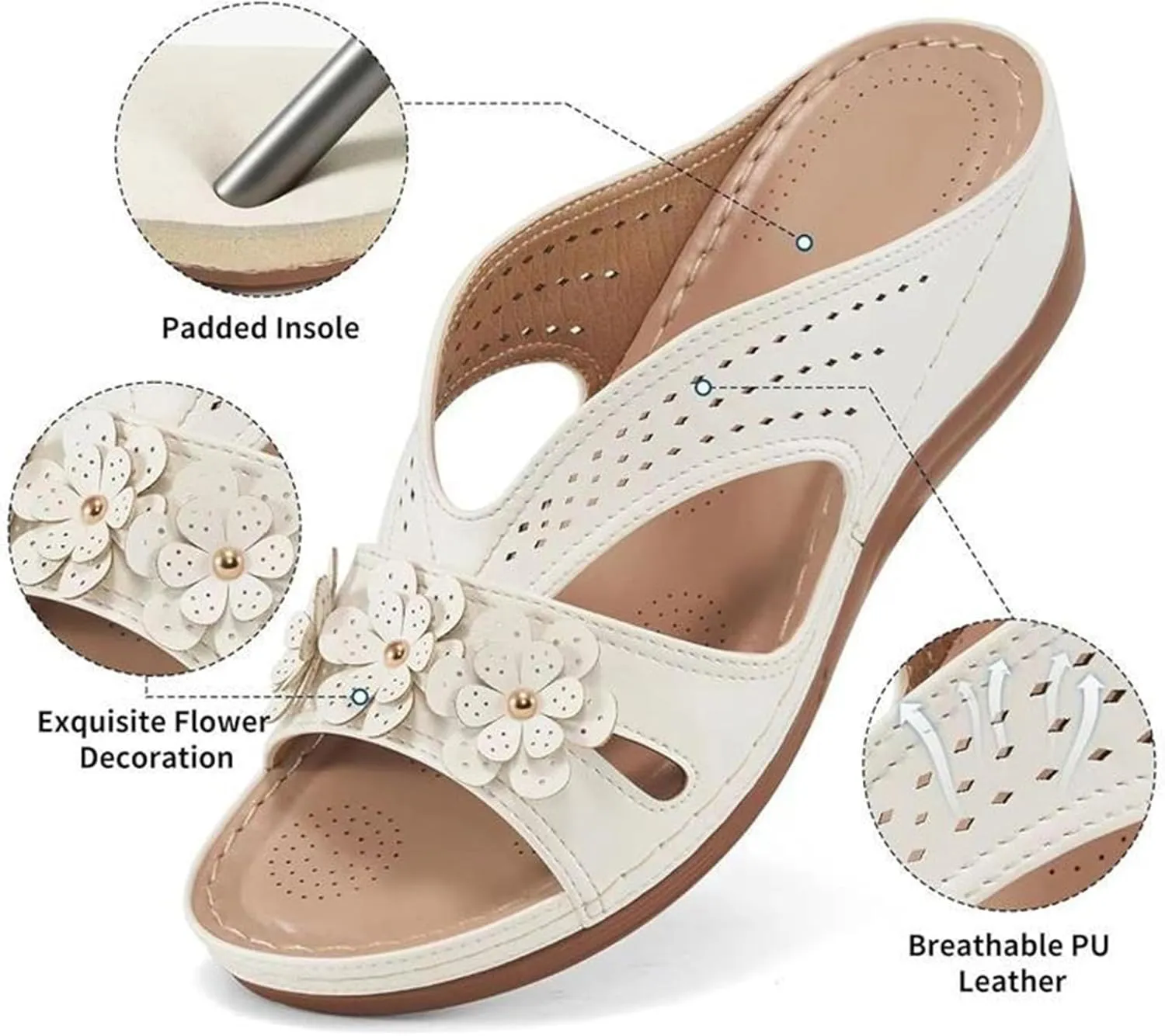 Summer Platform Wedge Sandals for Women Comfortable Slip on Dressy Leather Sandals Trendy Flowers Lightweight Memory Foam Shoes Indoor Outdoor
