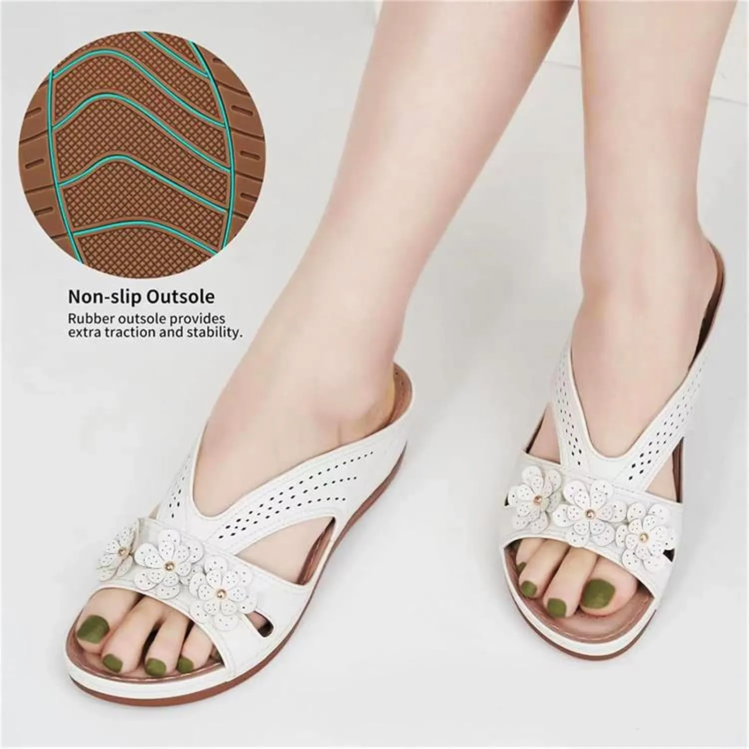 Summer Platform Wedge Sandals for Women Comfortable Slip on Dressy Leather Sandals Trendy Flowers Lightweight Memory Foam Shoes Indoor Outdoor