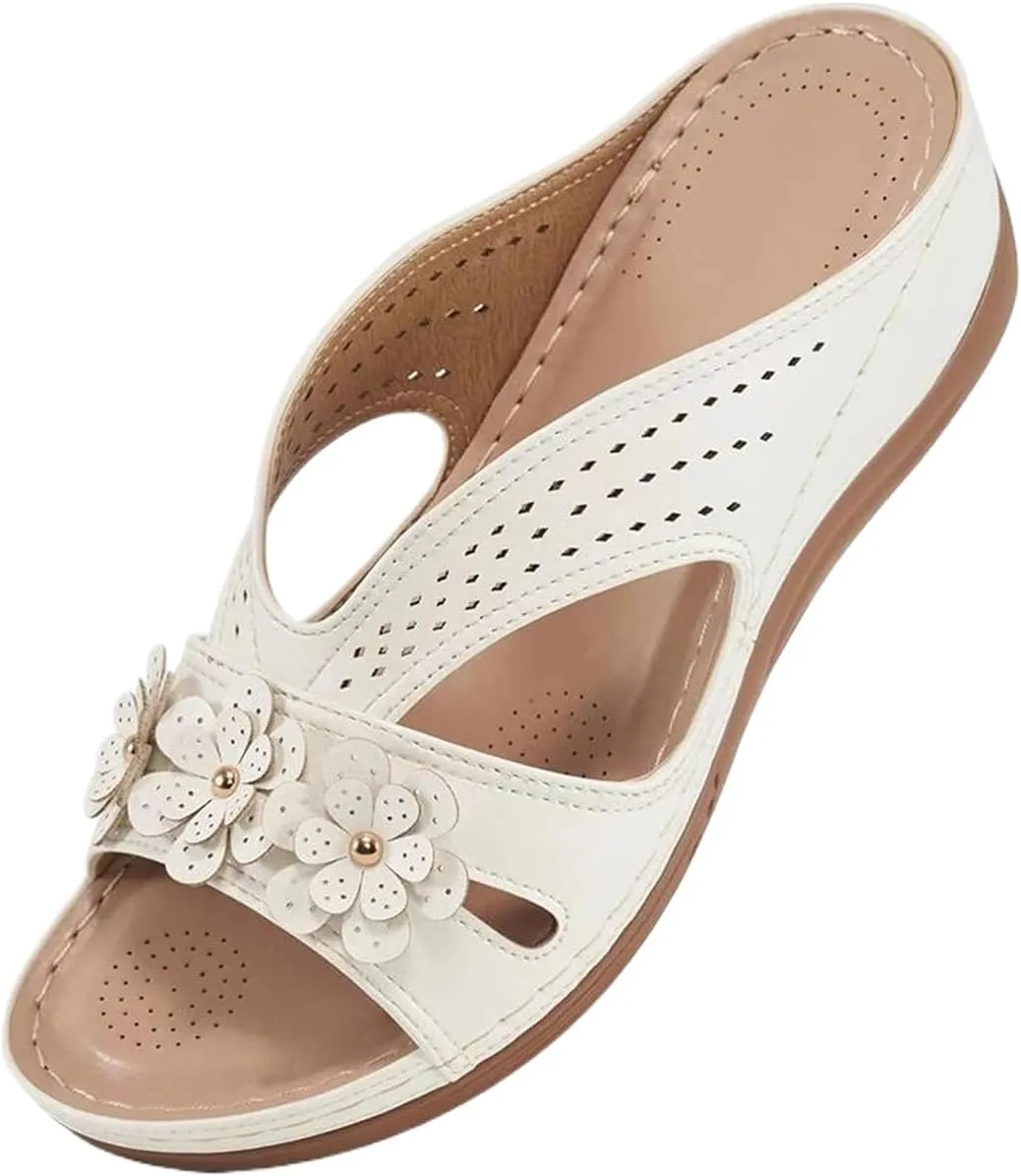 Summer Platform Wedge Sandals for Women Comfortable Slip on Dressy Leather Sandals Trendy Flowers Lightweight Memory Foam Shoes Indoor Outdoor